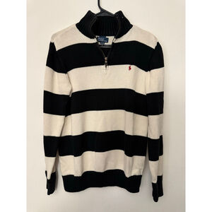 Boys Polo by Ralph Lauren Striped Quarter-Zip Sweater XL Black Off-White